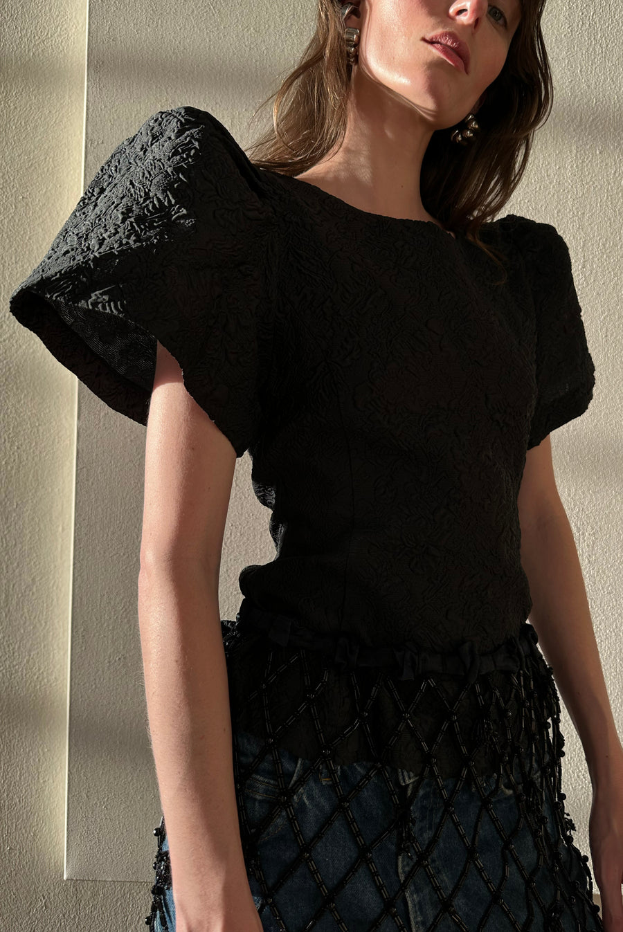 Black Floral Embossed Ruffle Puff Sleeve Blouse
