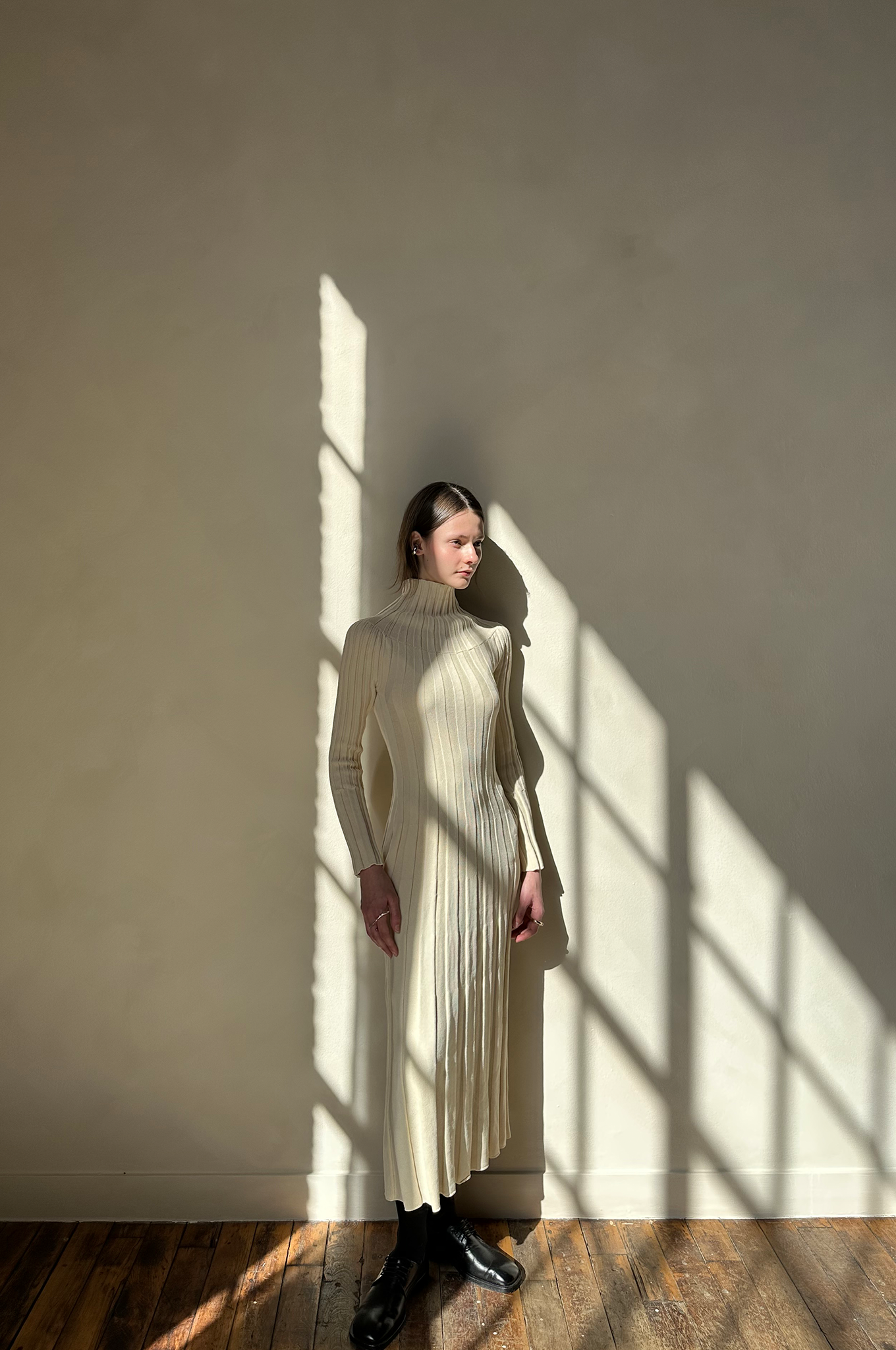beige long knit dress Rib-Knit Dress
