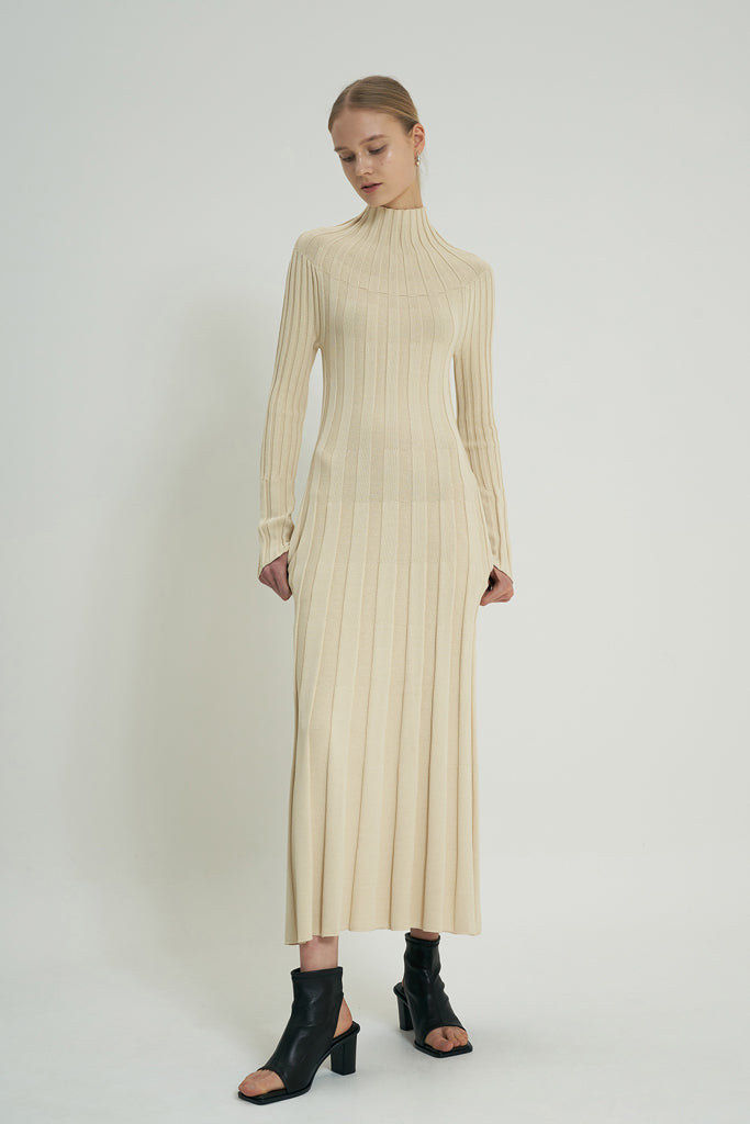 beige rib knit dress Maribeth Long Sleeve Ribbed Knit Mini Dress Cream